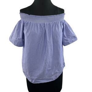 J. Crew Blue White Striped Off-the-Shoulder Short Sleeve Cotton Blouse Size 6